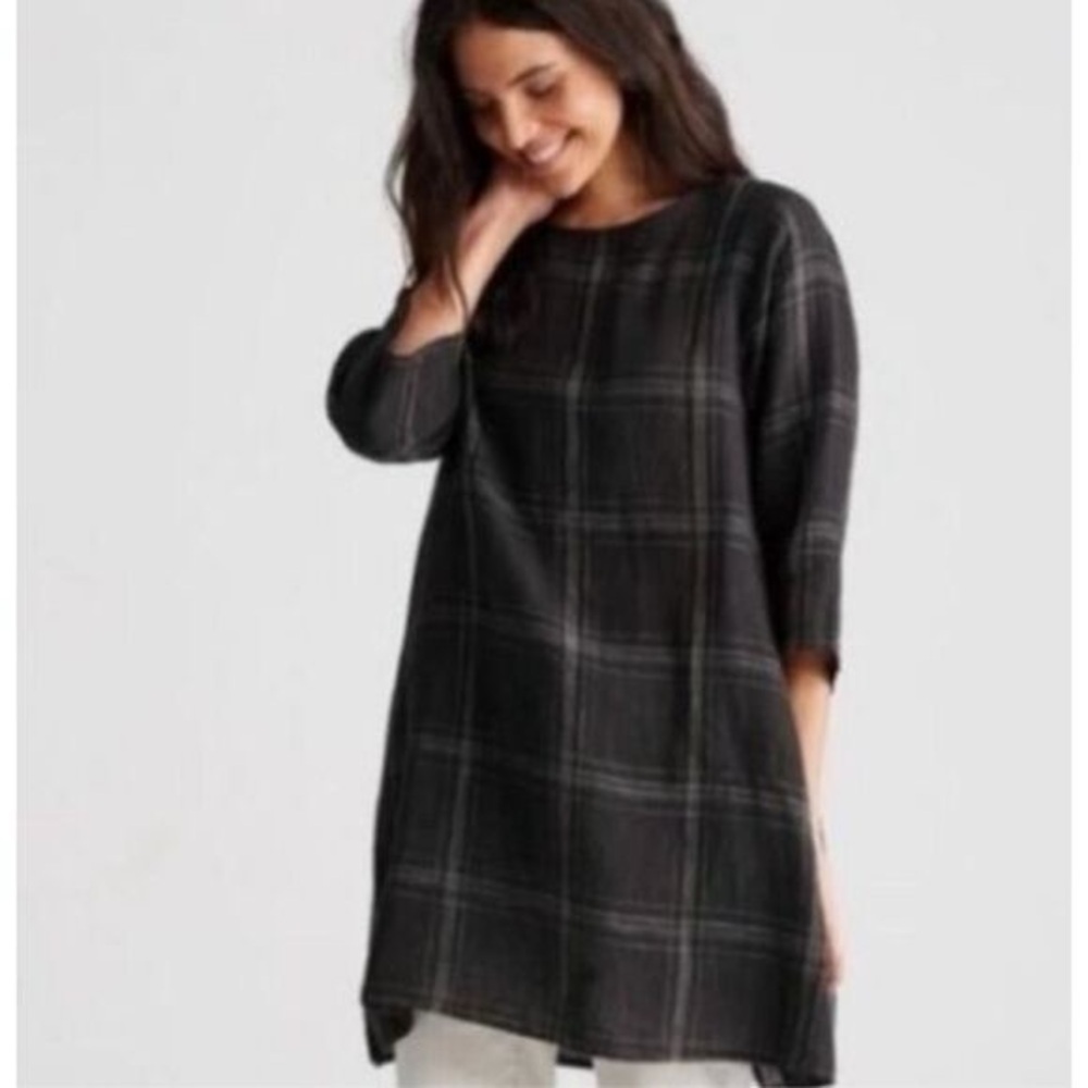 EILEEN FISHER linen plaid elbow sleeve tunic lagenlook